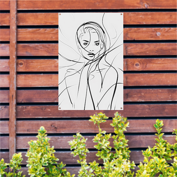 Minimalistische lijnkunst van een elegant vrouwengezicht tuinposter