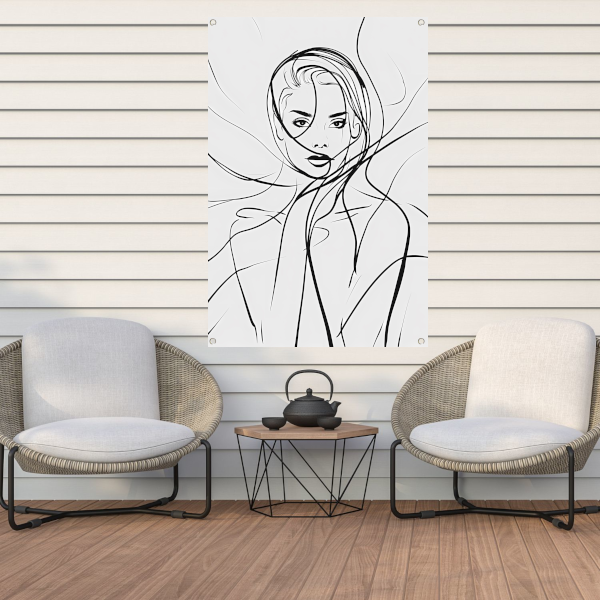 Minimalistische lijnkunst van een elegant vrouwengezicht tuinposter
