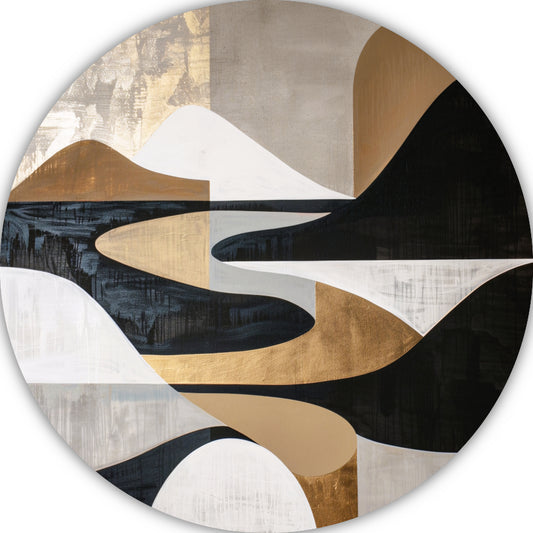 Abstract Rivierlandschap in Goud en Zwart aluminium muurcirkel