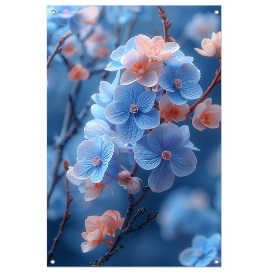 Blauwe bloemen in bloei aan takken tuinposter