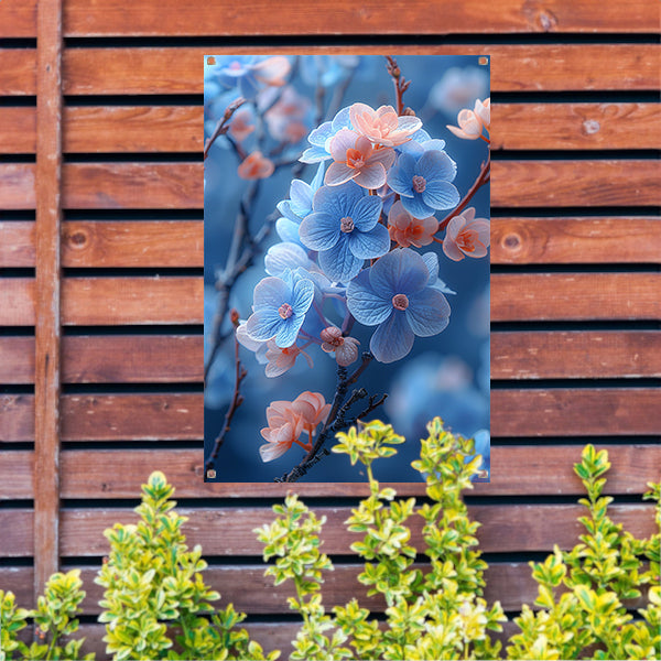 Blauwe bloemen in bloei aan takken tuinposter
