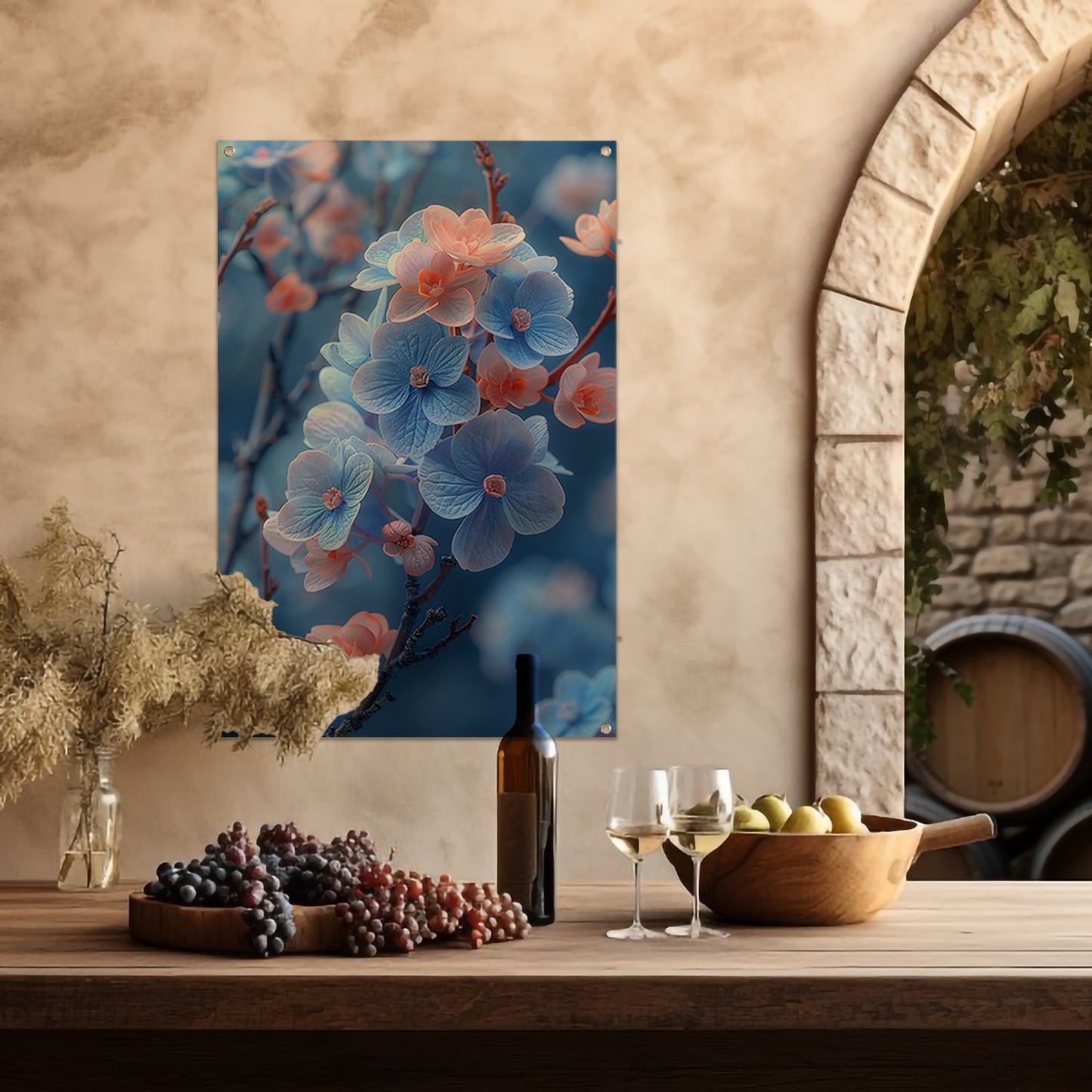 Blauwe bloemen in bloei aan takken tuinposter