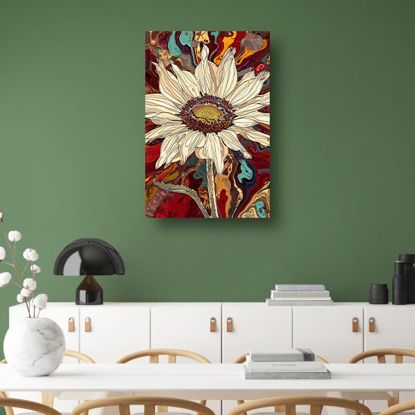 Kleurrijke zonnebloem met psychedelische achtergrond poster