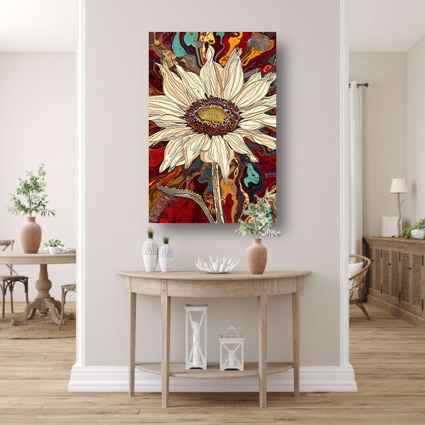 Kleurrijke zonnebloem met psychedelische achtergrond poster