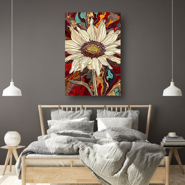 Kleurrijke zonnebloem met psychedelische achtergrond poster