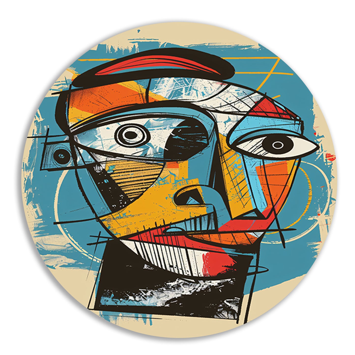 Kubistisch portret in levendige kleuren aluminium muurcirkel