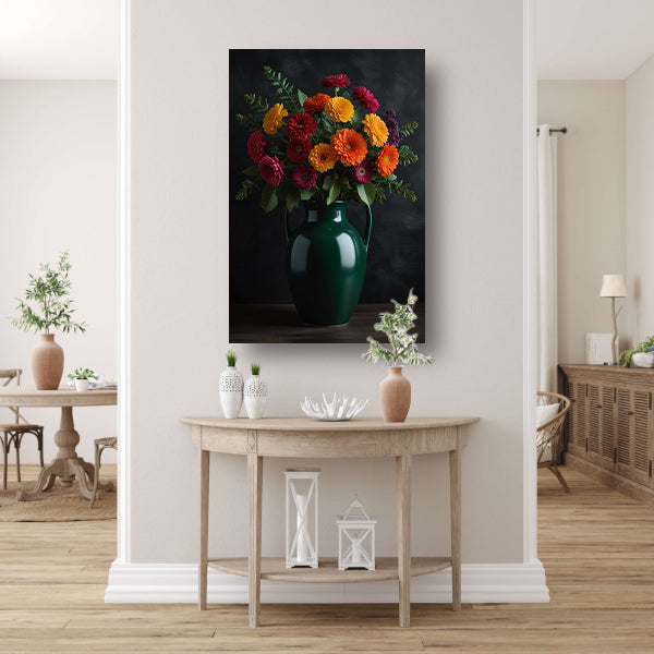 Levendig Bloemenboeket in Elegante Groene Vaas acrylglas