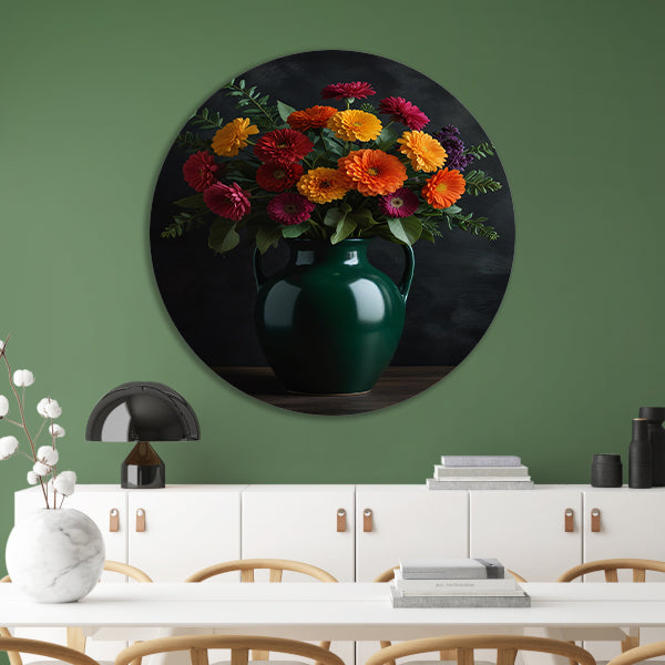 Levendig Bloemenboeket in Elegante Groene Vaas aluminium muurcirkel