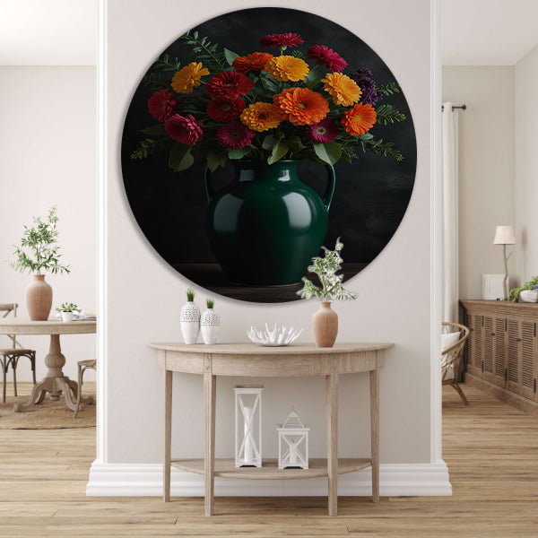 Levendig Bloemenboeket in Elegante Groene Vaas aluminium muurcirkel