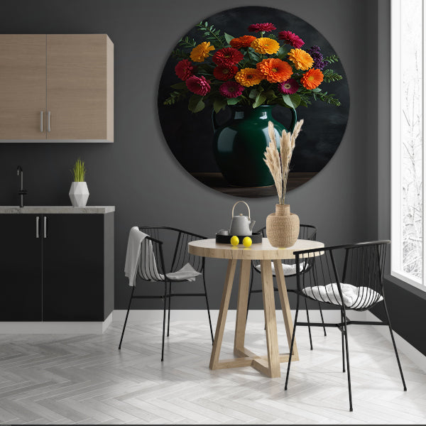 Levendig Bloemenboeket in Elegante Groene Vaas aluminium muurcirkel
