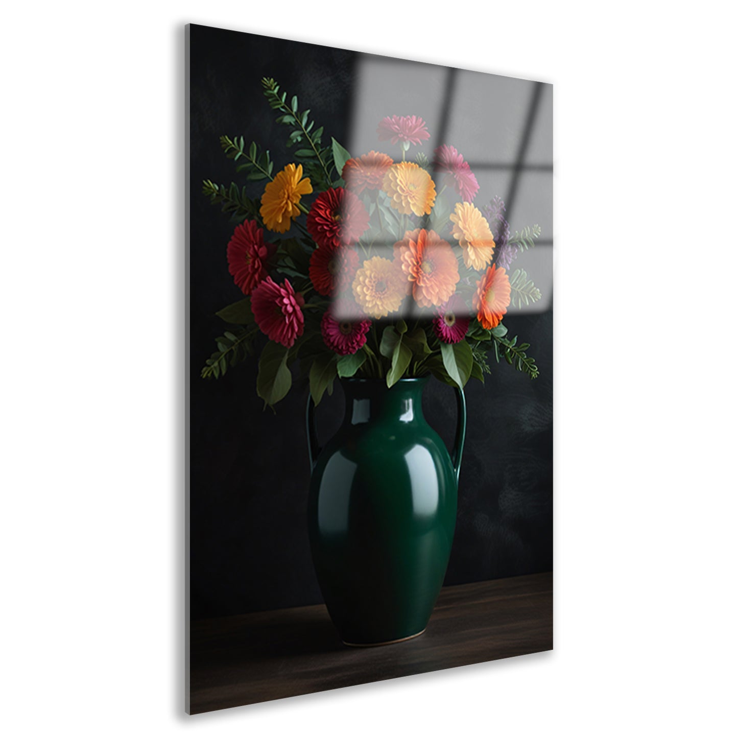 Levendig Bloemenboeket in Elegante Groene Vaas acrylglas