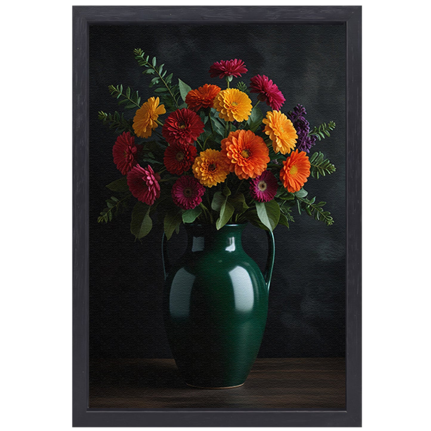 Levendig Bloemenboeket in Elegante Groene Vaas canvas met baklijst