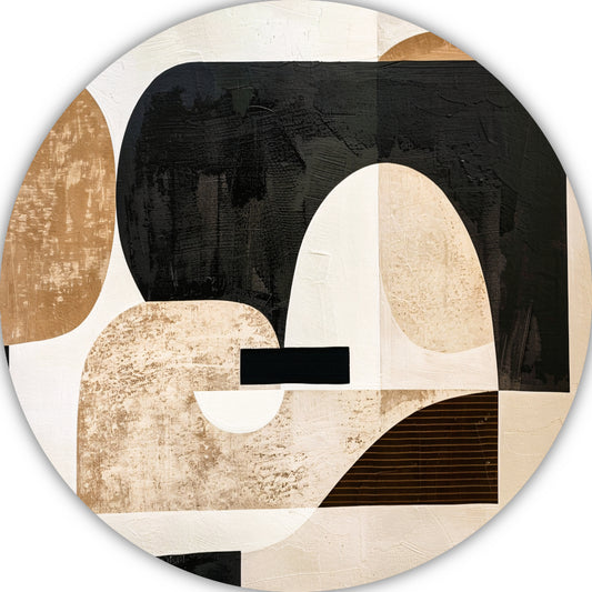 Abstracte Harmonie in Zwart, Beige en Goud aluminium muurcirkel