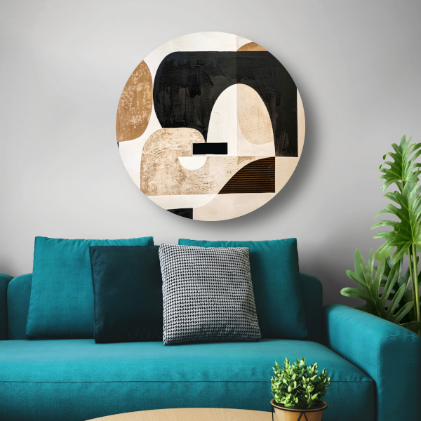 Abstracte Harmonie in Zwart, Beige en Goud aluminium muurcirkel