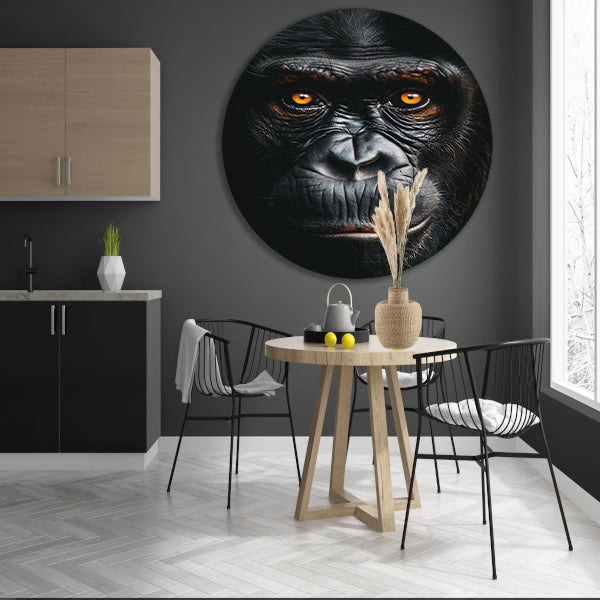 Indringend portret van een aap met intense blik aluminium muurcirkel