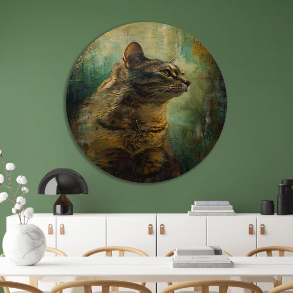 Elegante kat in kleurrijke olieverf aluminium muurcirkel