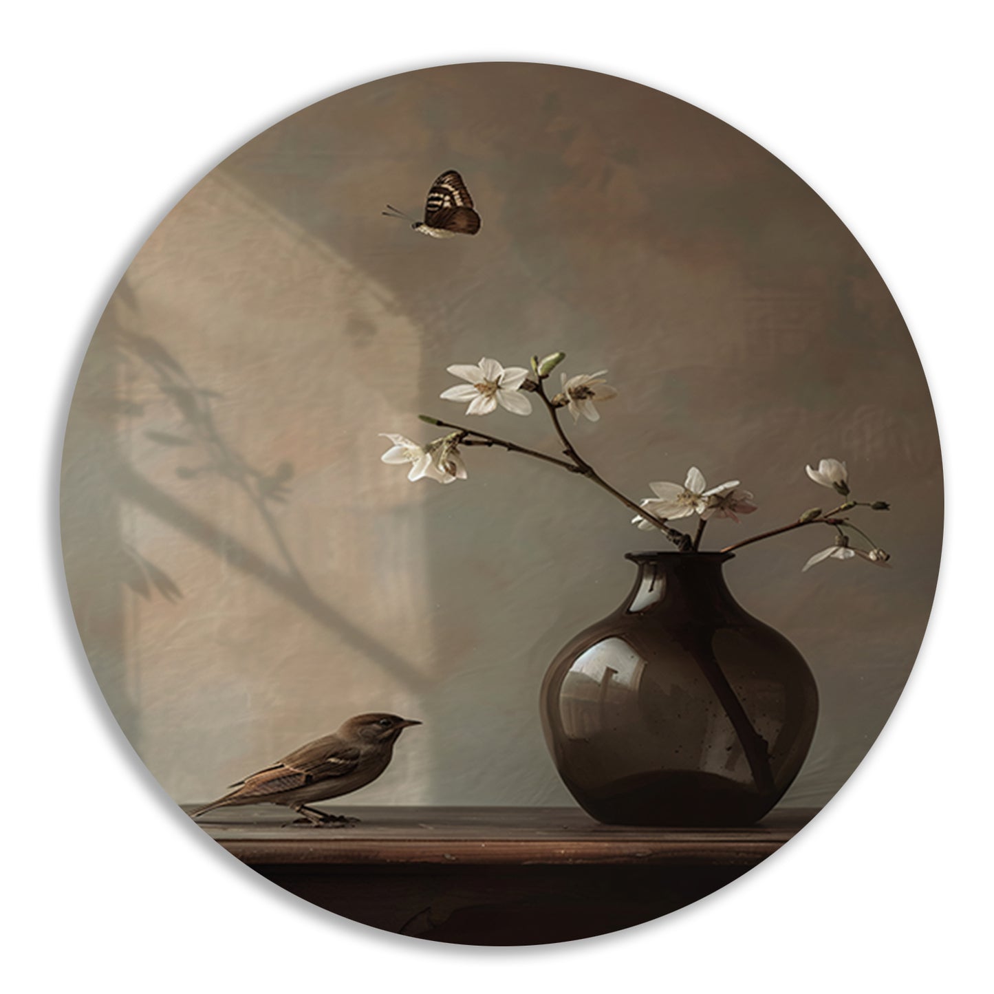 Stilleven met Vogel en Witte Bloesem aluminium muurcirkel