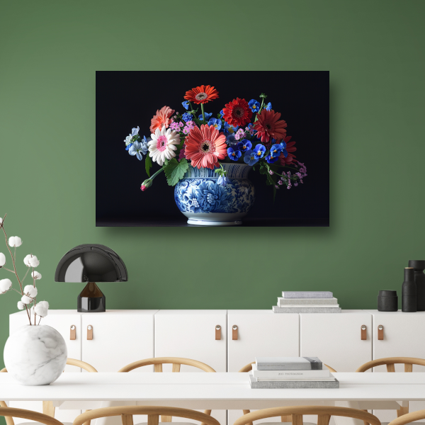 Elegante bloemenpracht in klassieke blauw-witte vaas poster