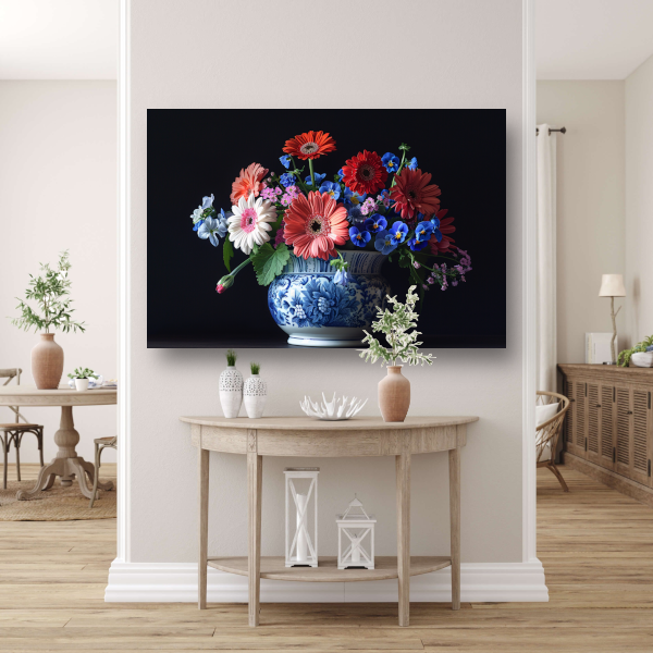 Elegante bloemenpracht in klassieke blauw-witte vaas poster