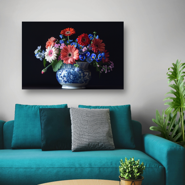 Elegante bloemenpracht in klassieke blauw-witte vaas poster