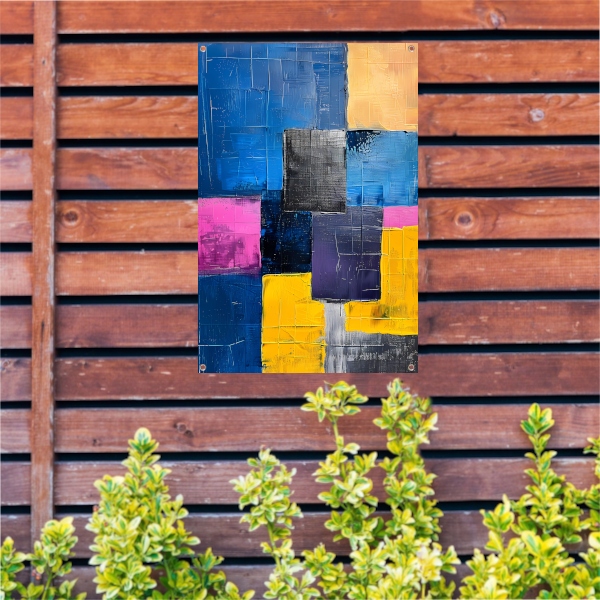Abstract schilderij met kleurrijke blokken en texturen tuinposter