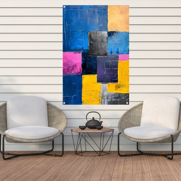 Abstract schilderij met kleurrijke blokken en texturen tuinposter