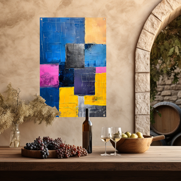 Abstract schilderij met kleurrijke blokken en texturen tuinposter