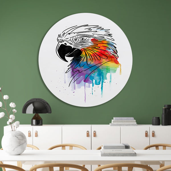 Abstracte papegaai in kleurrijke lijnkunst aluminium muurcirkel