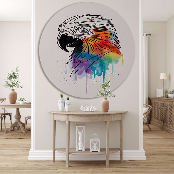 Abstracte papegaai in kleurrijke lijnkunst aluminium muurcirkel