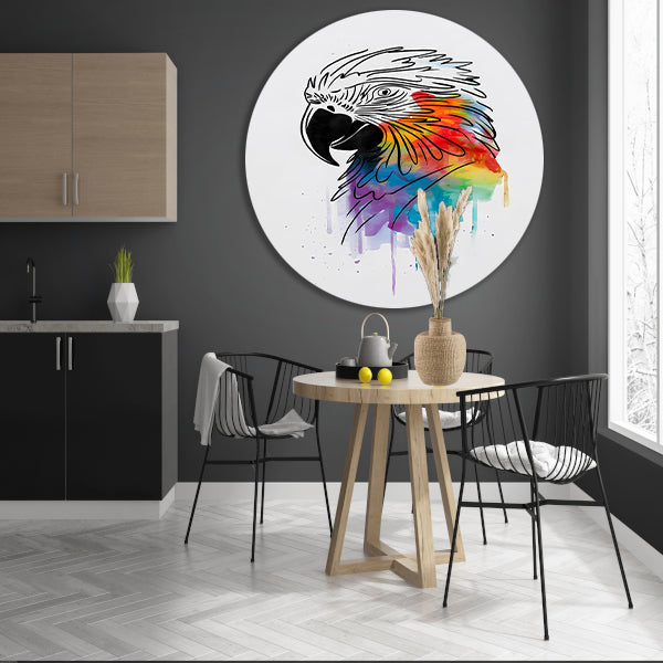 Abstracte papegaai in kleurrijke lijnkunst aluminium muurcirkel