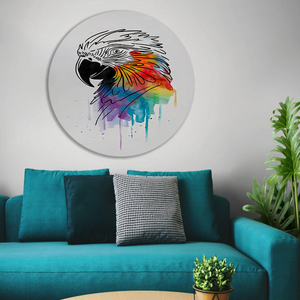 Abstracte papegaai in kleurrijke lijnkunst aluminium muurcirkel