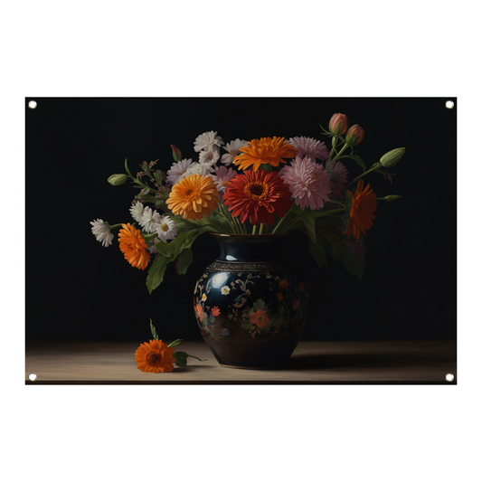 Elegante Bloemenpracht in Versierde Vaas tuinposter