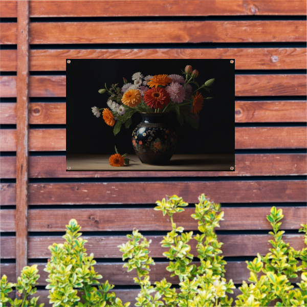 Elegante Bloemenpracht in Versierde Vaas tuinposter