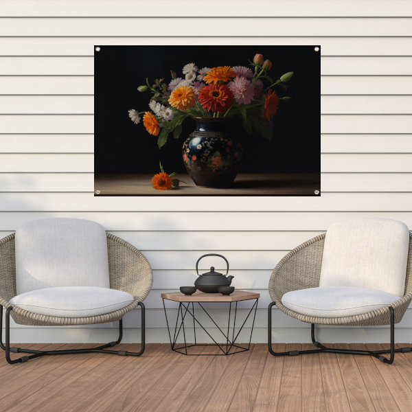 Elegante Bloemenpracht in Versierde Vaas tuinposter