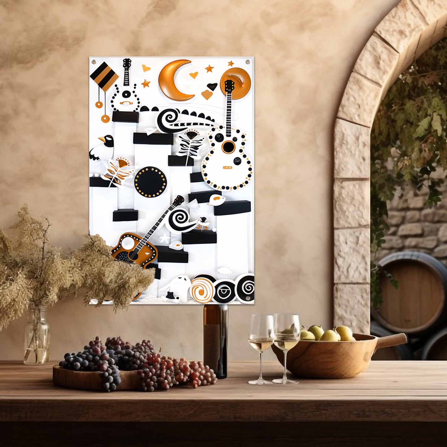 Kleurrijke Pop Art Gitaar met Maan tuinposter