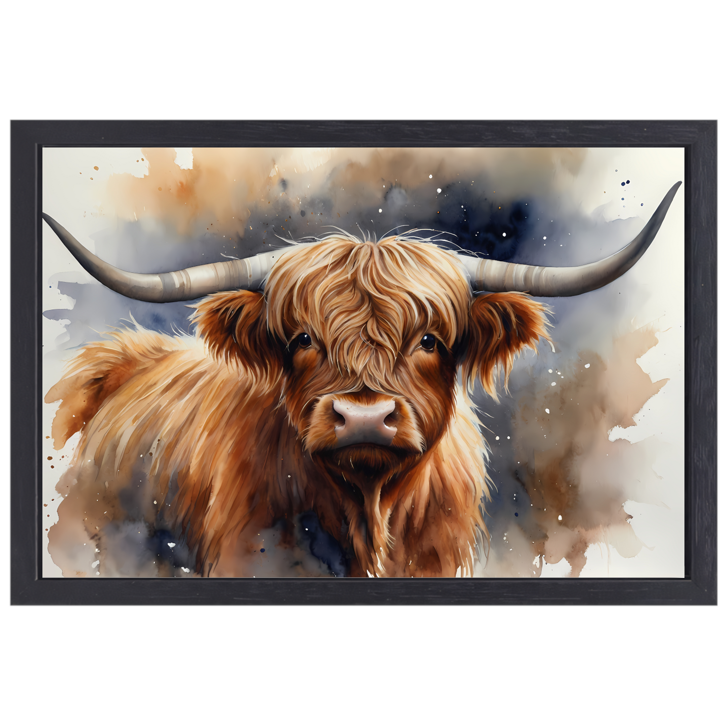 Highland koe portret met waterverf canvas met baklijst