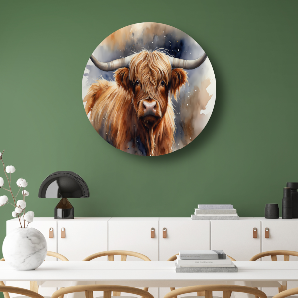 Highland koe portret met waterverf aluminium muurcirkel