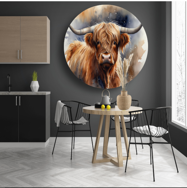 Highland koe portret met waterverf aluminium muurcirkel