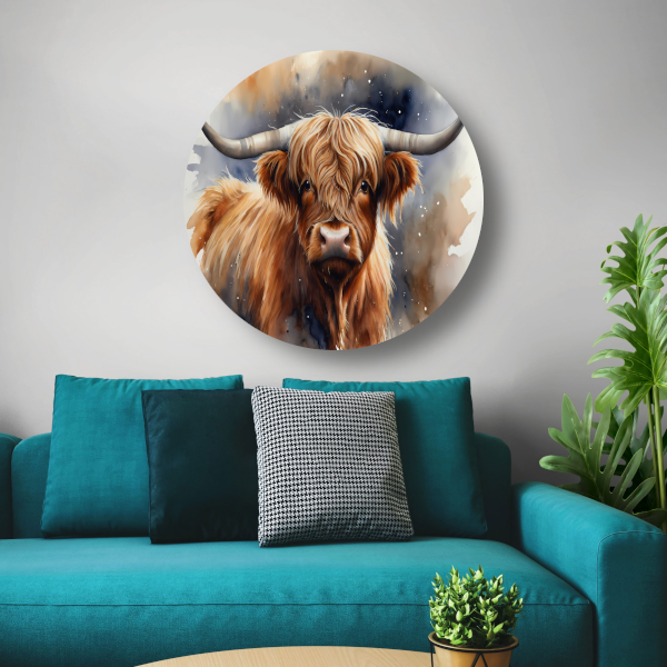 Highland koe portret met waterverf aluminium muurcirkel