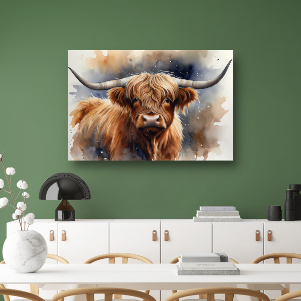 Highland koe portret met waterverf canvas met baklijst