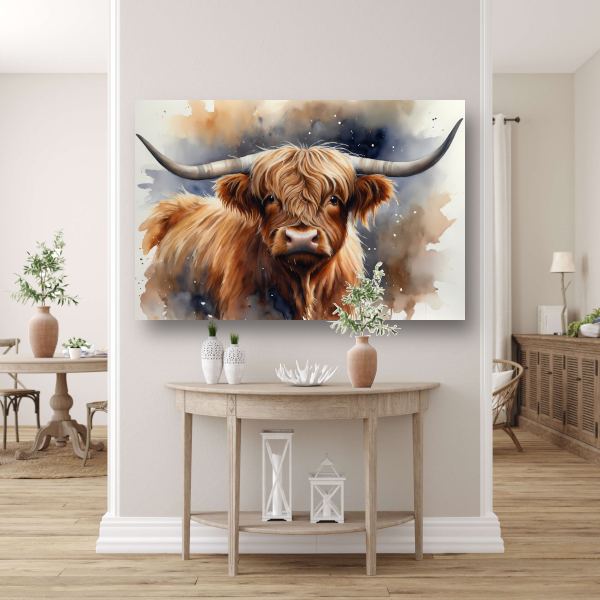 Highland koe portret met waterverf canvas met baklijst