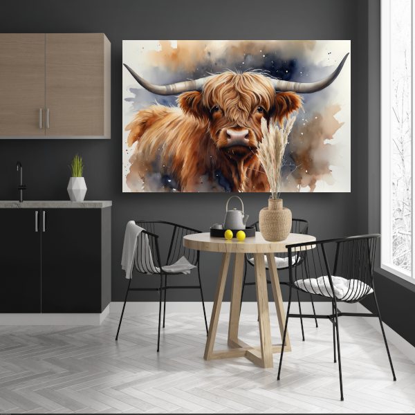 Highland koe portret met waterverf canvas met baklijst