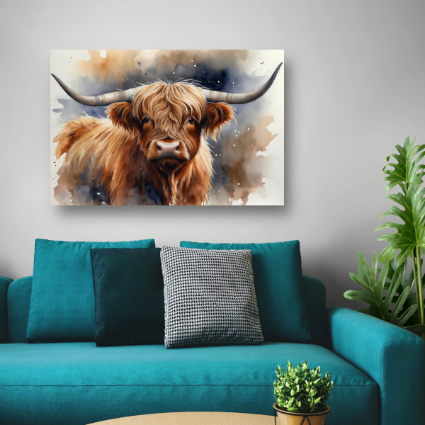 Highland koe portret met waterverf canvas met baklijst