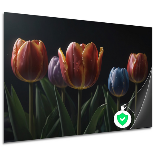 Tulpenpracht met waterdruppels in kleur poster