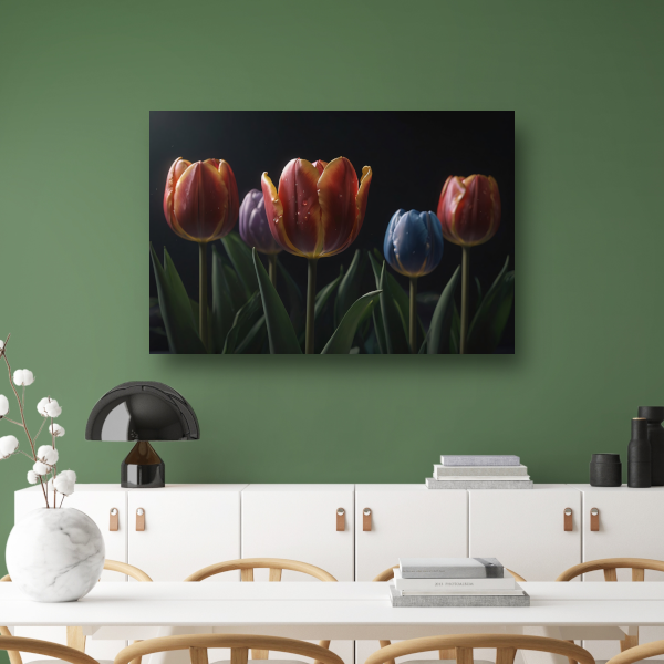 Tulpenpracht met waterdruppels in kleur canvas