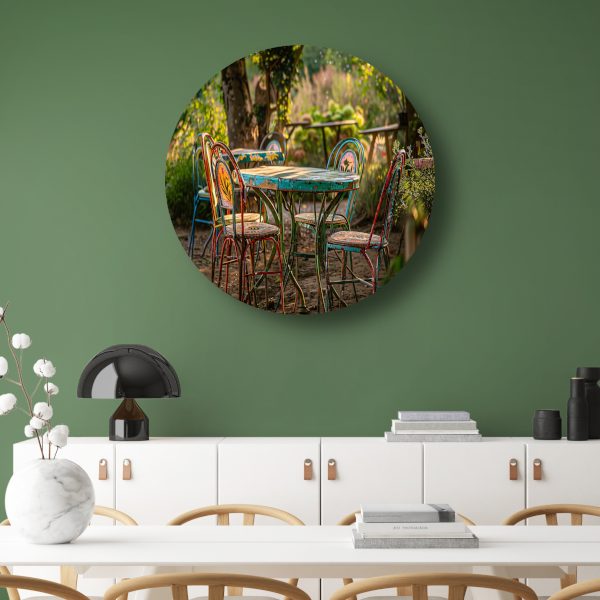 Moderne eetkamer met kleurrijke stoelen forex muurcirkel