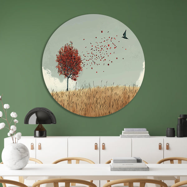 Minimalistische herfstboom met dwarrelende bladeren aluminium muurcirkel