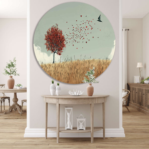 Minimalistische herfstboom met dwarrelende bladeren aluminium muurcirkel