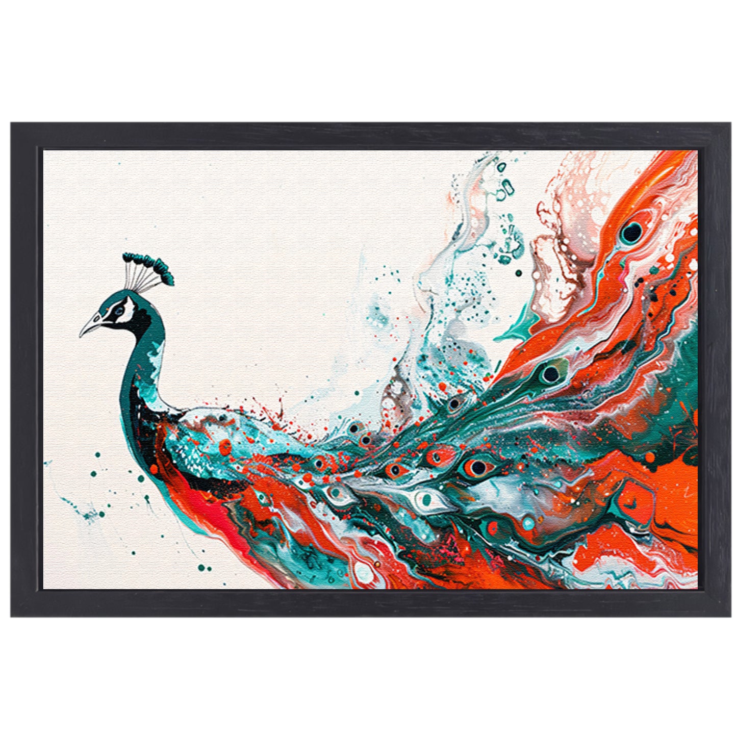 Abstracte schildering van kleurrijke pauw canvas met baklijst