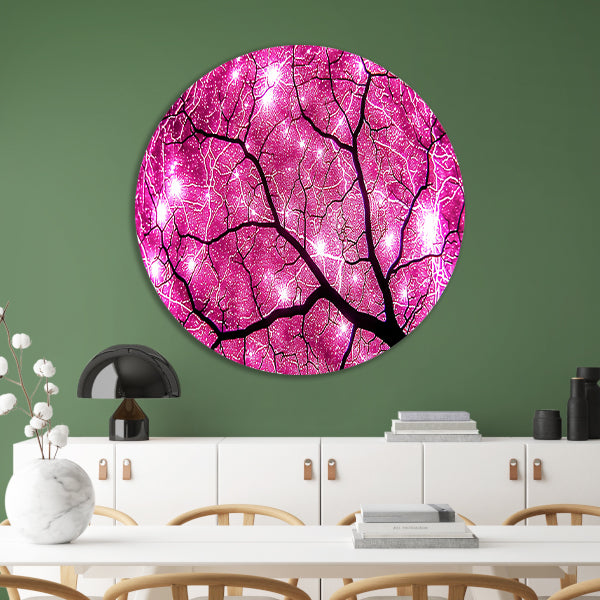 Abstracte boom met fel lichtstralen aluminium muurcirkel